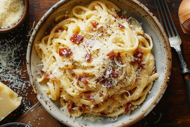 Carbonara pasta spaghetti with pancetta egg hard parmesan cheese and cream sauce