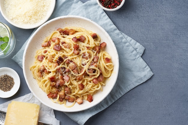 Carbonara pasta. Spaghetti with pancetta, egg, parmesan cheese and cream sauce.