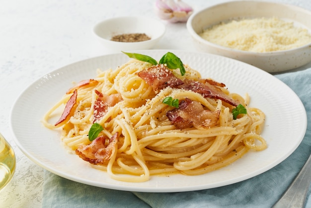 Carbonara pasta. Spaghetti with pancetta, egg, parmesan cheese and cream sauce