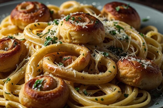 Photo carbonara with a side of garlic knots