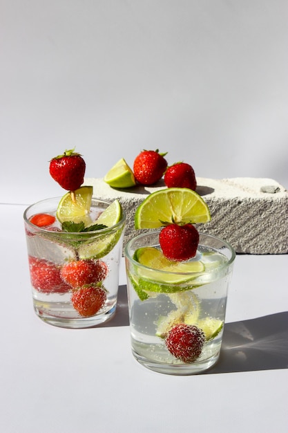 Carbonated drink with lime slices and strawberries in glasses decorated with mint leaves