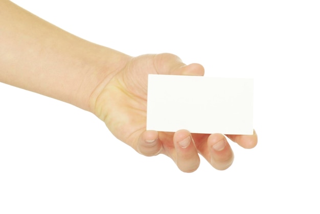 Пустая карточка в руке, изолированная на белом