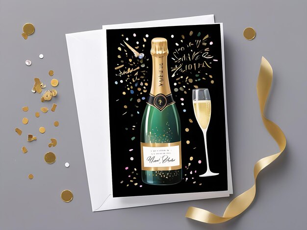 Photo card champagne bottle with glass for new years
