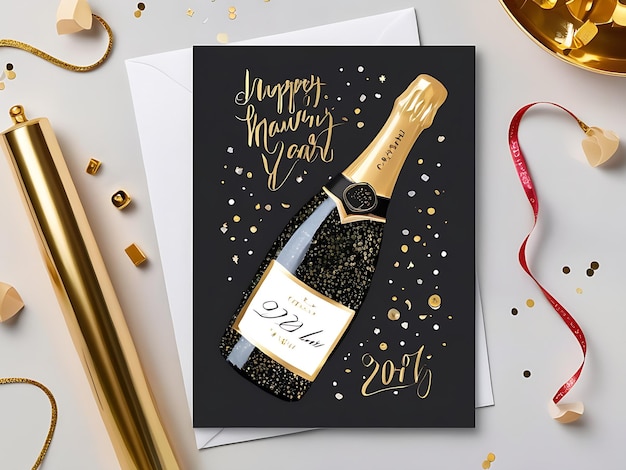 Photo card champagne bottle with glass for new years