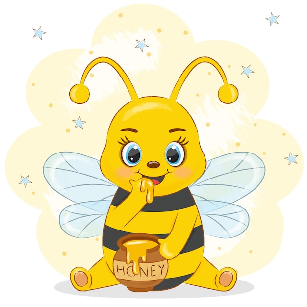 card cute bee eats honey on a yellow background with stars