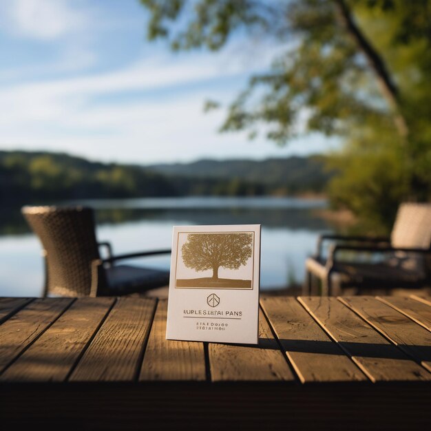 Photo a card on a deck with a lake in the background