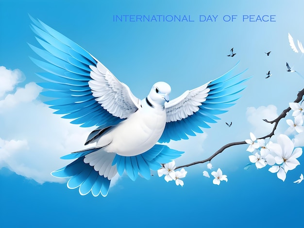 Card design banner background for international day of peace with white dove on blue background