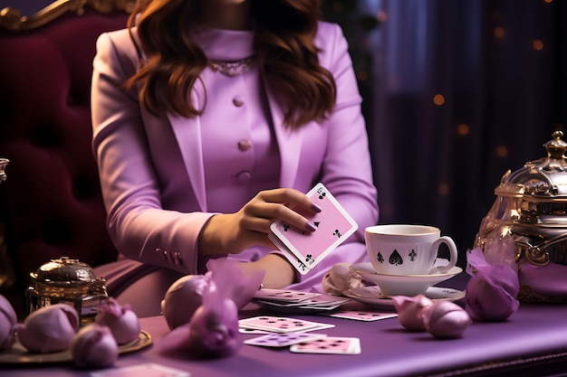 사진 카드 과 카드 테이블을 가진 카드 게임  소녀 트렌드 배경  장식