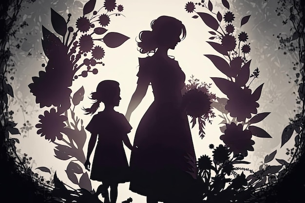 Card of Happy Mother's Day Beautiful mother silhouette with her daughter and flowers Generative AI