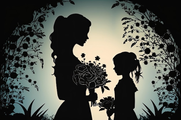 Photo card of happy mother's day beautiful mother silhouette with her daughter and flowers generative ai