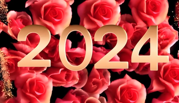 Card illustration graphic of red roses with the inscription 2024 to celebrate the new year