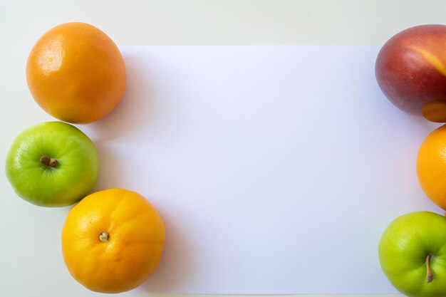 Card and white paper mockup harmonized with fresh fruit crafting a visual symphony