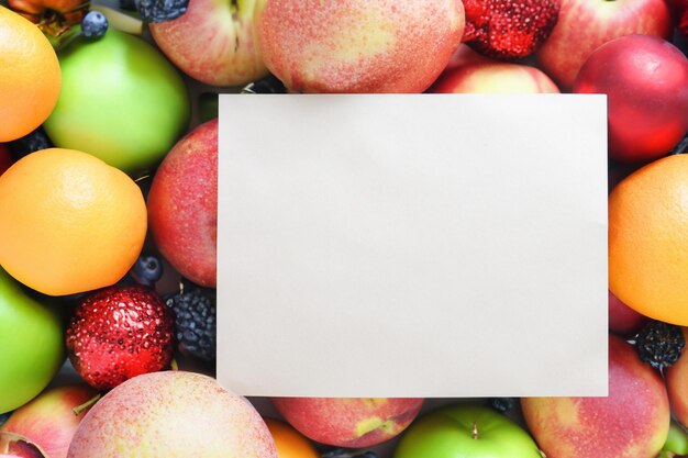 Foto mockup di carta e carta bianca armonizzati con frutta fresca creando una sinfonia visiva