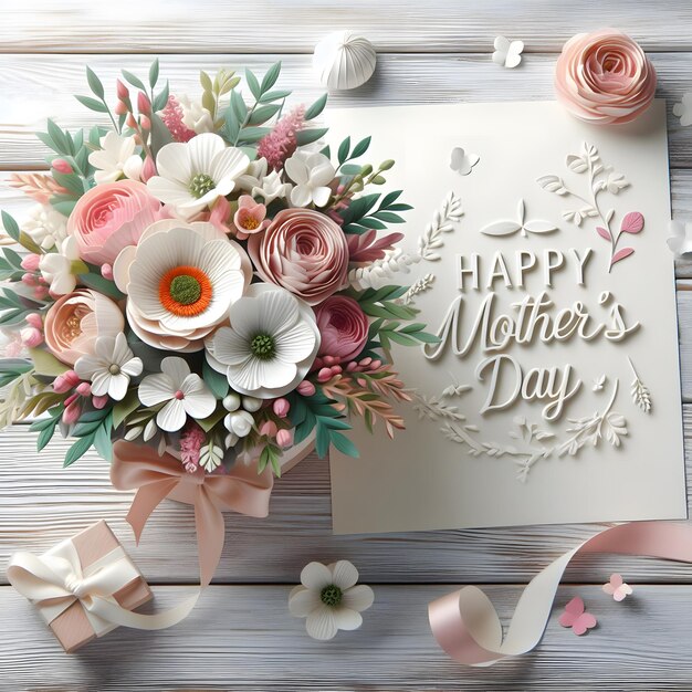 a card with a bouquet of flowers and a card that says happy mothers day