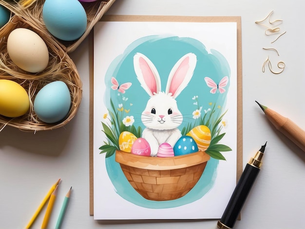 a card with a bunny in a basket with eggs and a pen