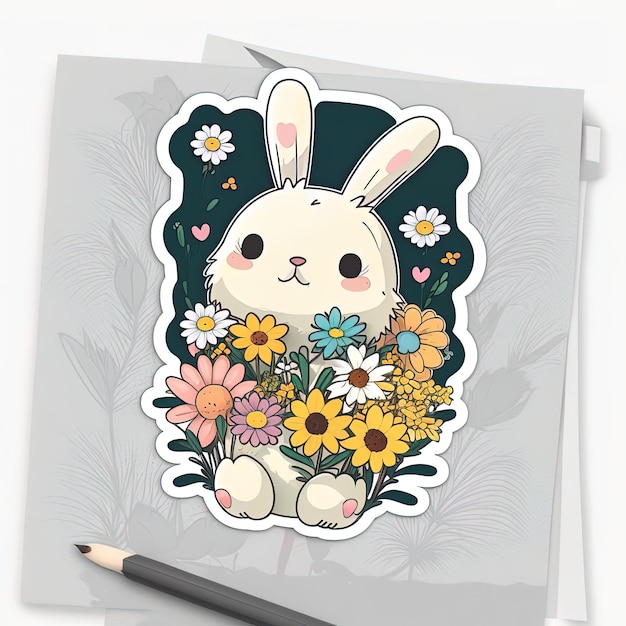 A card with a bunny holding flowers and a pencil.