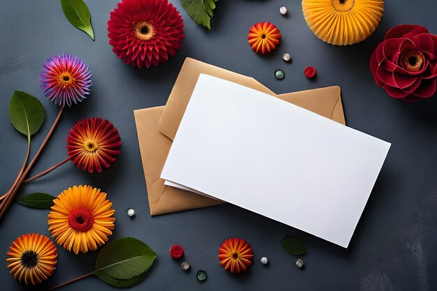 A card with a card and flowers on a black background.