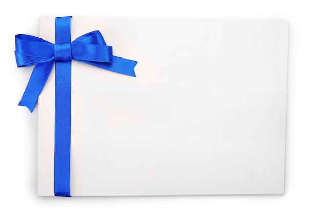 Card with dark blue satin ribbon isolated 