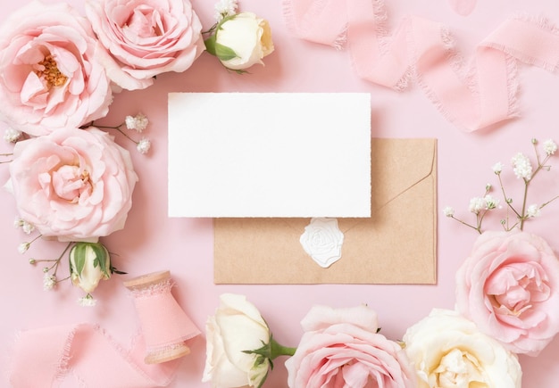 Photo card with envelope between pink roses and pink silk ribbons on pink top view wedding mockup