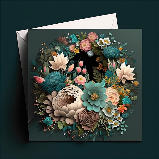 Card with multi coloured flowers and envelope created using generative ai technology
