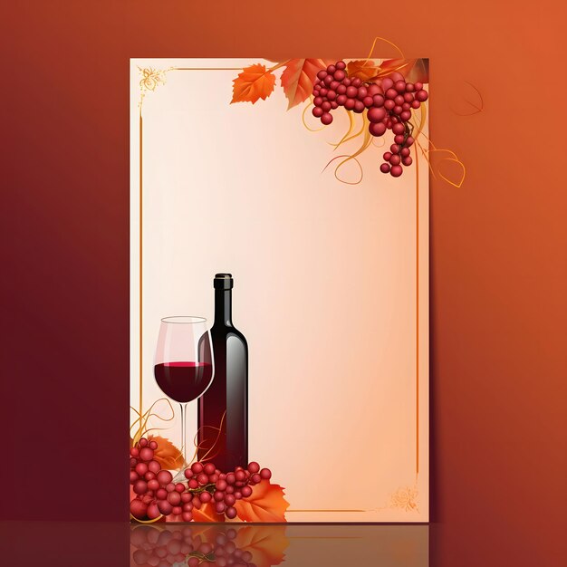 Photo card with ornaments with a glass and a bottle of wine white background with space for your own content