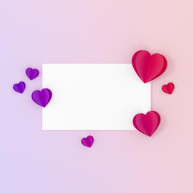 Scheda con cuori di carta su sfondo sfumato illustrazione 3d del concetto di giorno della mamma o della donna di san valentino