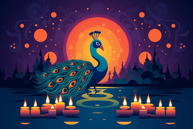 card with peacock and lanterns in the style of digital airbrushing