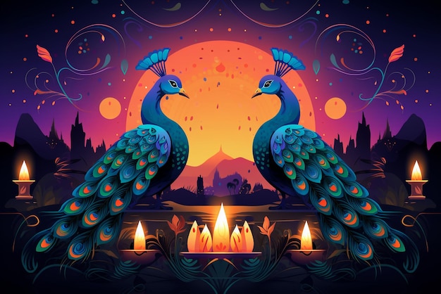 card with peacock and lanterns in the style of digital airbrushing