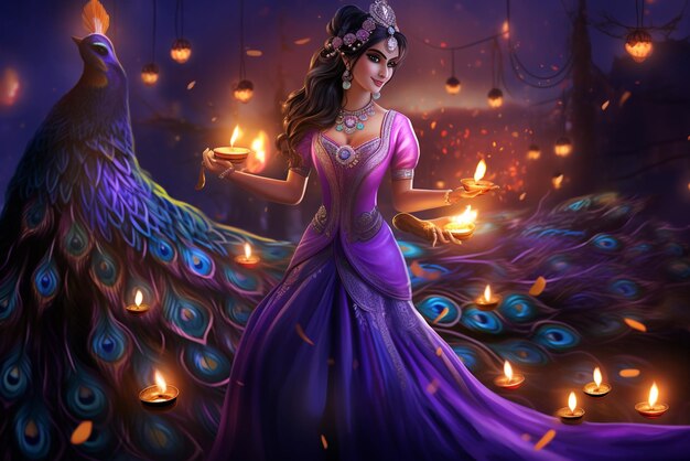 card with peacock and lanterns in the style of digital airbrushing