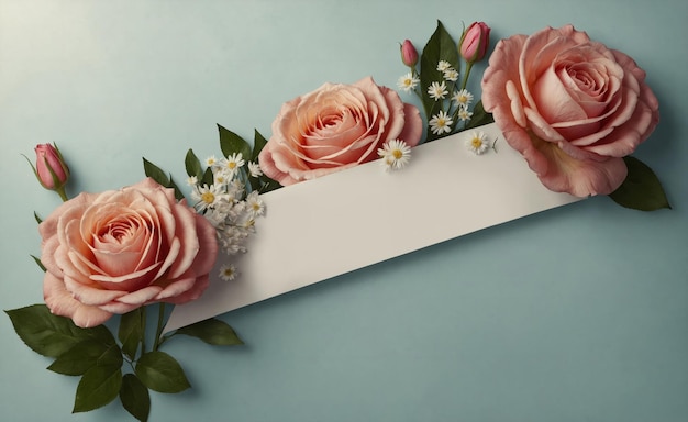 Card with roses on it and a white card that says flowers