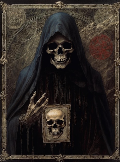 A card with a skull and a person in a black hoodie.