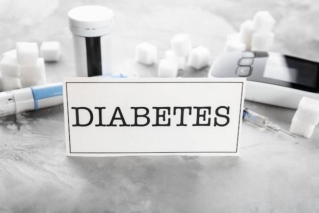 Photo card with word diabetes and medical equipment on table