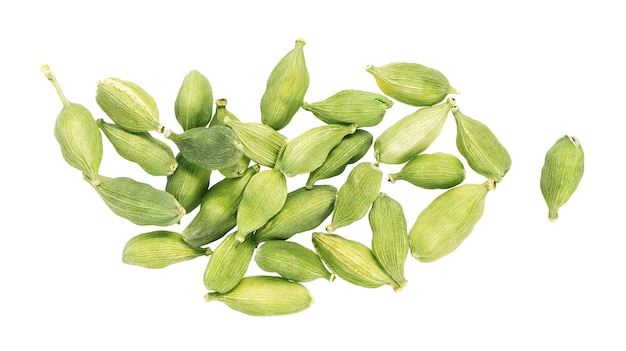 Photo cardamom pods isolated on white background green cardamon seeds clipping path top view