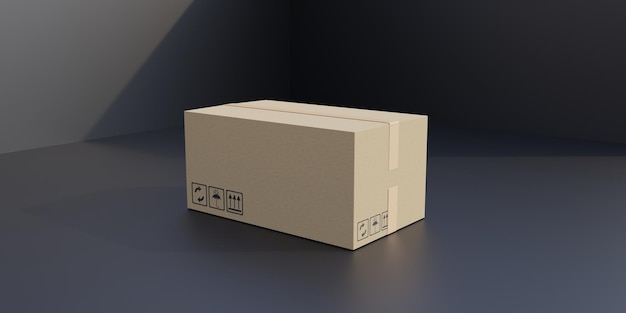 cardboard box closed and sealed with tape on grey black floor and wall