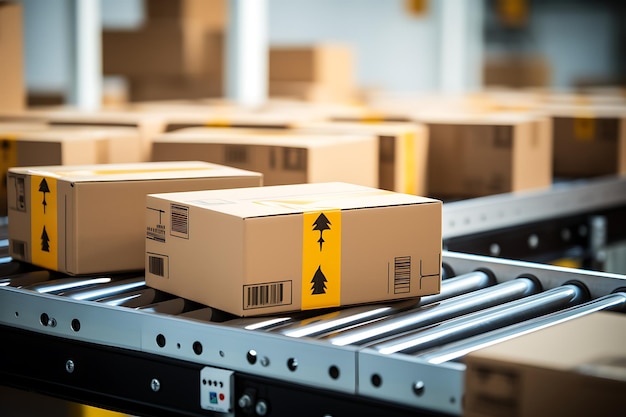 Cardboard box on conveyor belt for shipping sending to go