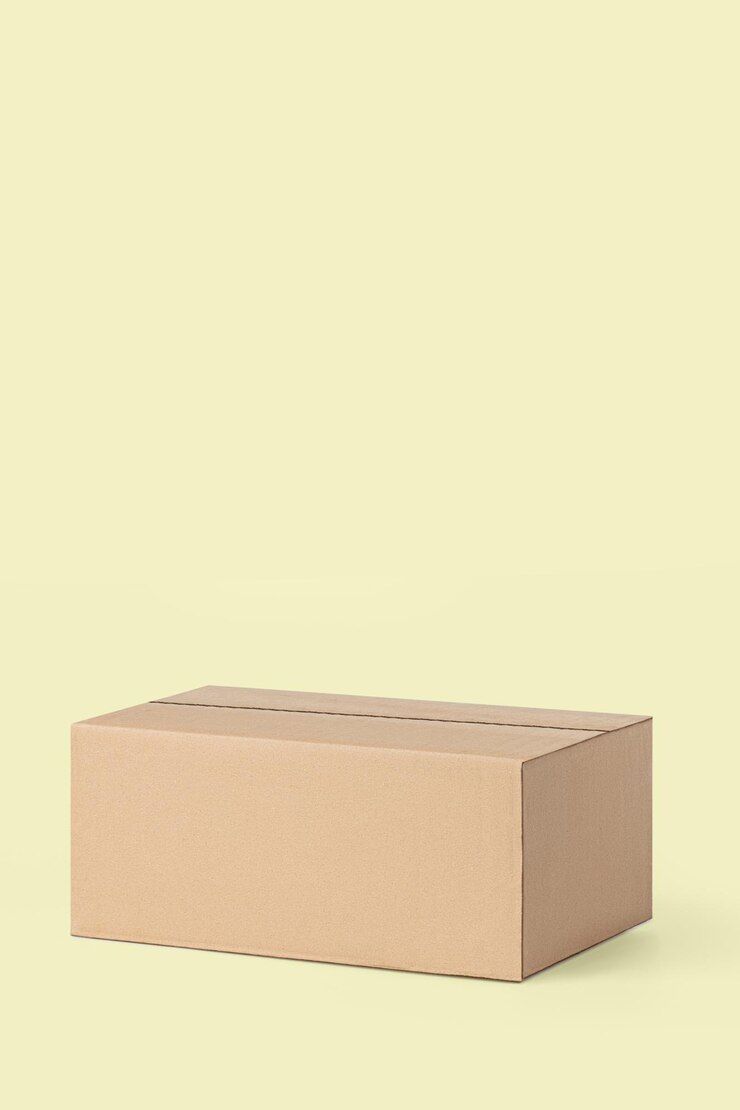 Photo cardboard box for delivery parcels on a yellow background