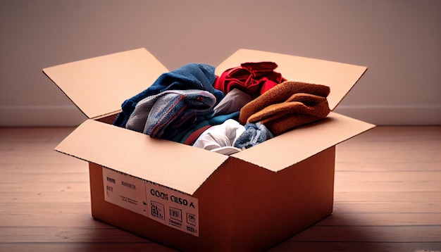 Cardboard box full of clothes standing on the floor