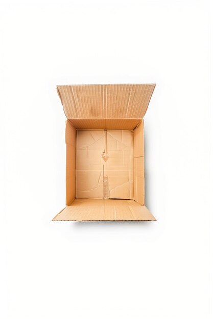 A cardboard box is open and empty