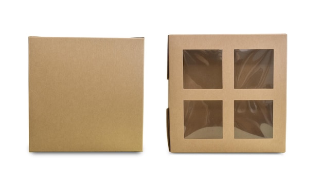 Foto scatola di cartone isolata su sfondo bianco vista anteriore e posteriore