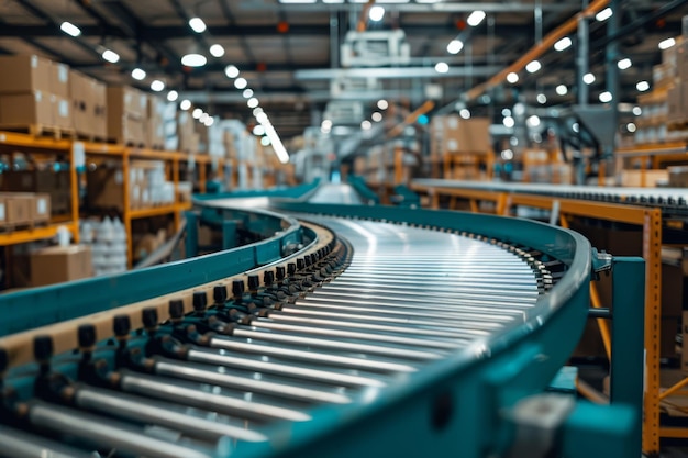 cardboard box moving along conveyor belt in warehouse