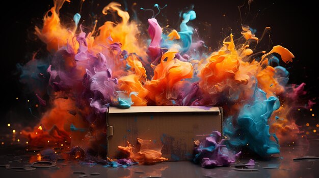 Cardboard box package surprise idea with colorful splash ink Generative Ai