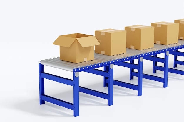 Photo cardboard box parcel container on conveyor belt production ling automated machine on white background 3d rendering