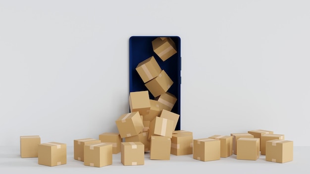 Cardboard box parcel overflow from smartphone display online delivery concept 3D rendering