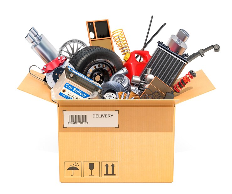Cardboard box parcel with car parts 3D rendering