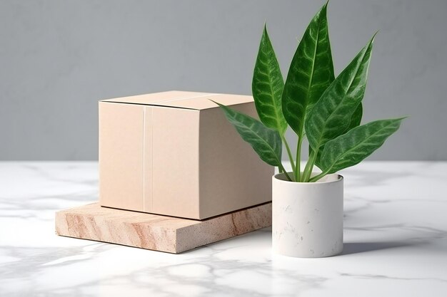 Cardboard box and plant on white marble table