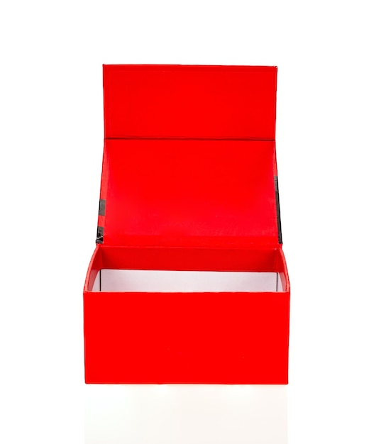 Photo cardboard box red square open isolated on a white background