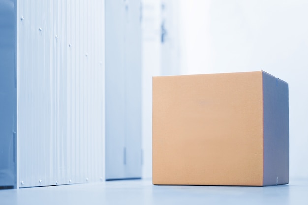 Cardboard box in storage room.