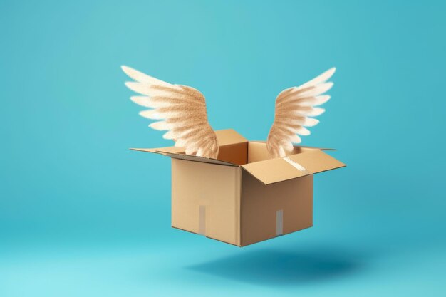 Cardboard Box with Angel Wings on Blue Concept of swift delivery services