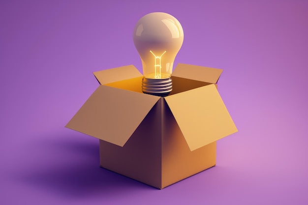 Cardboard box with light bulb idea and creativity concept purple background AI