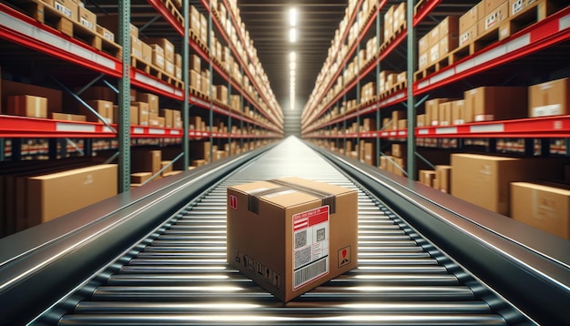 A cardboard box with a location pin tag on a conveyor belt in a large distribution warehouse symbolizing logistics and supply chain management